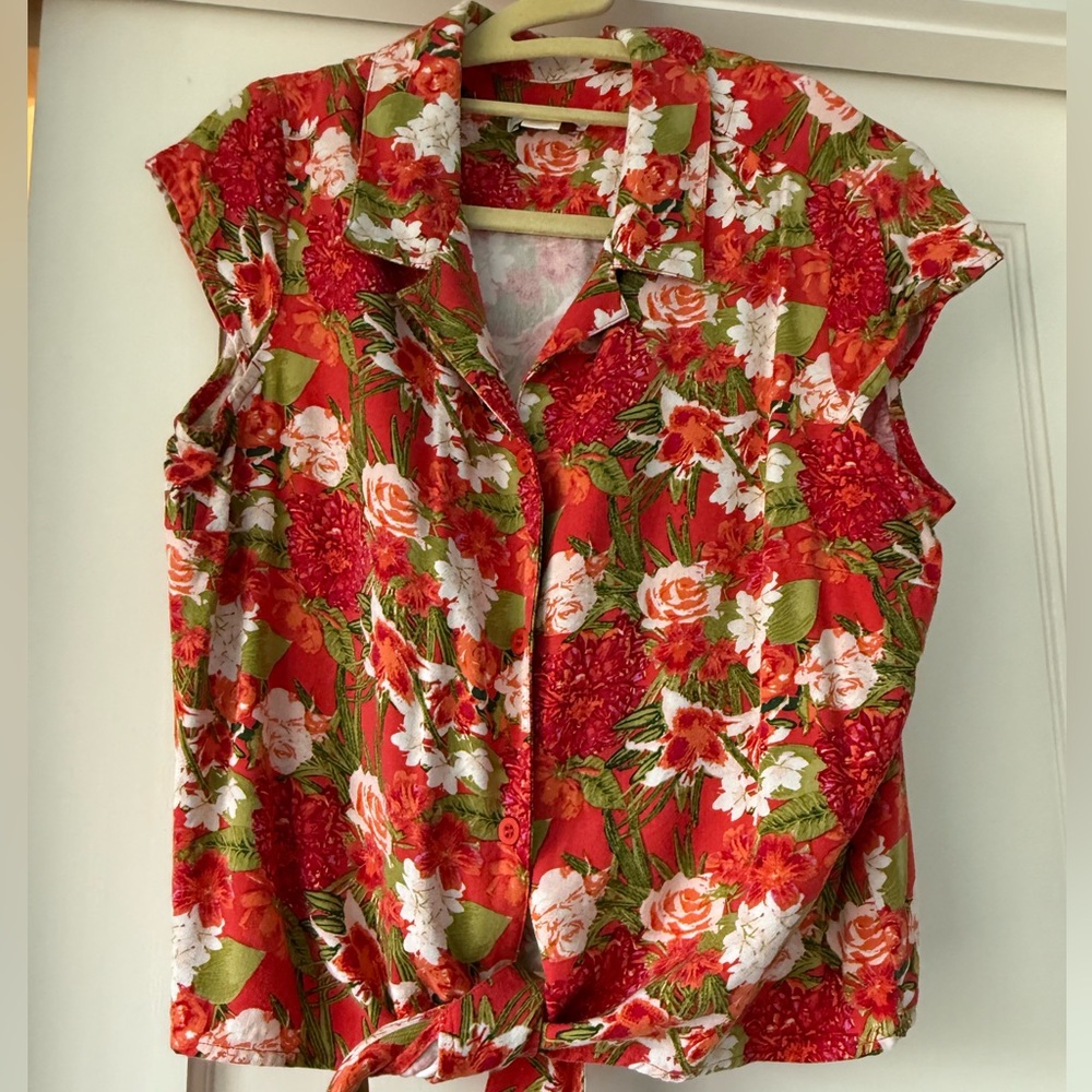 Vintage Tiki Hawaiian Tie-Front Blouse